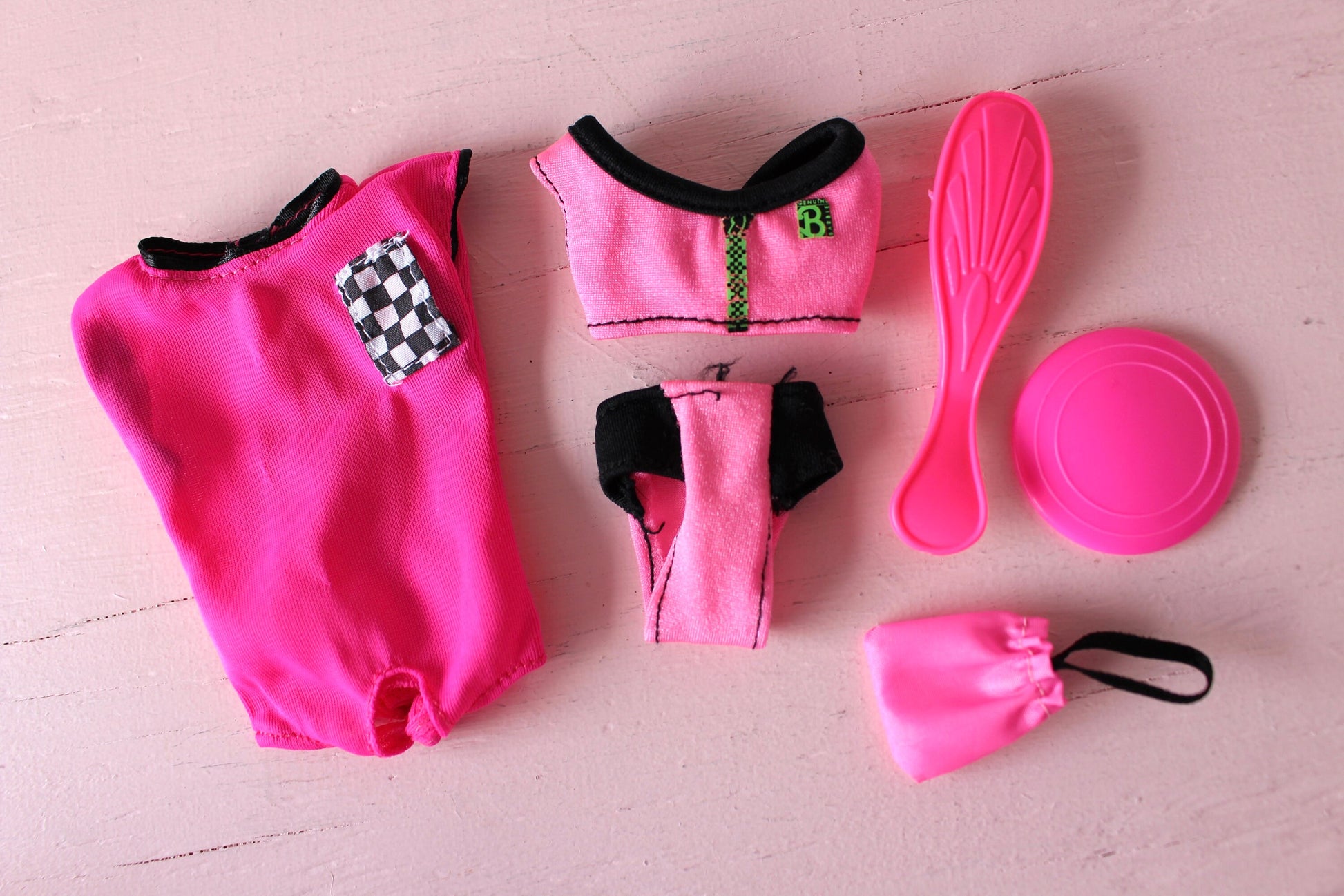 Barbie Doll Fashion and Accessories Set, Vintage 1980s Hot Pink White Black OOAK Barbie Fashions, Superstar Barbie Skirt Comb Purse Dress