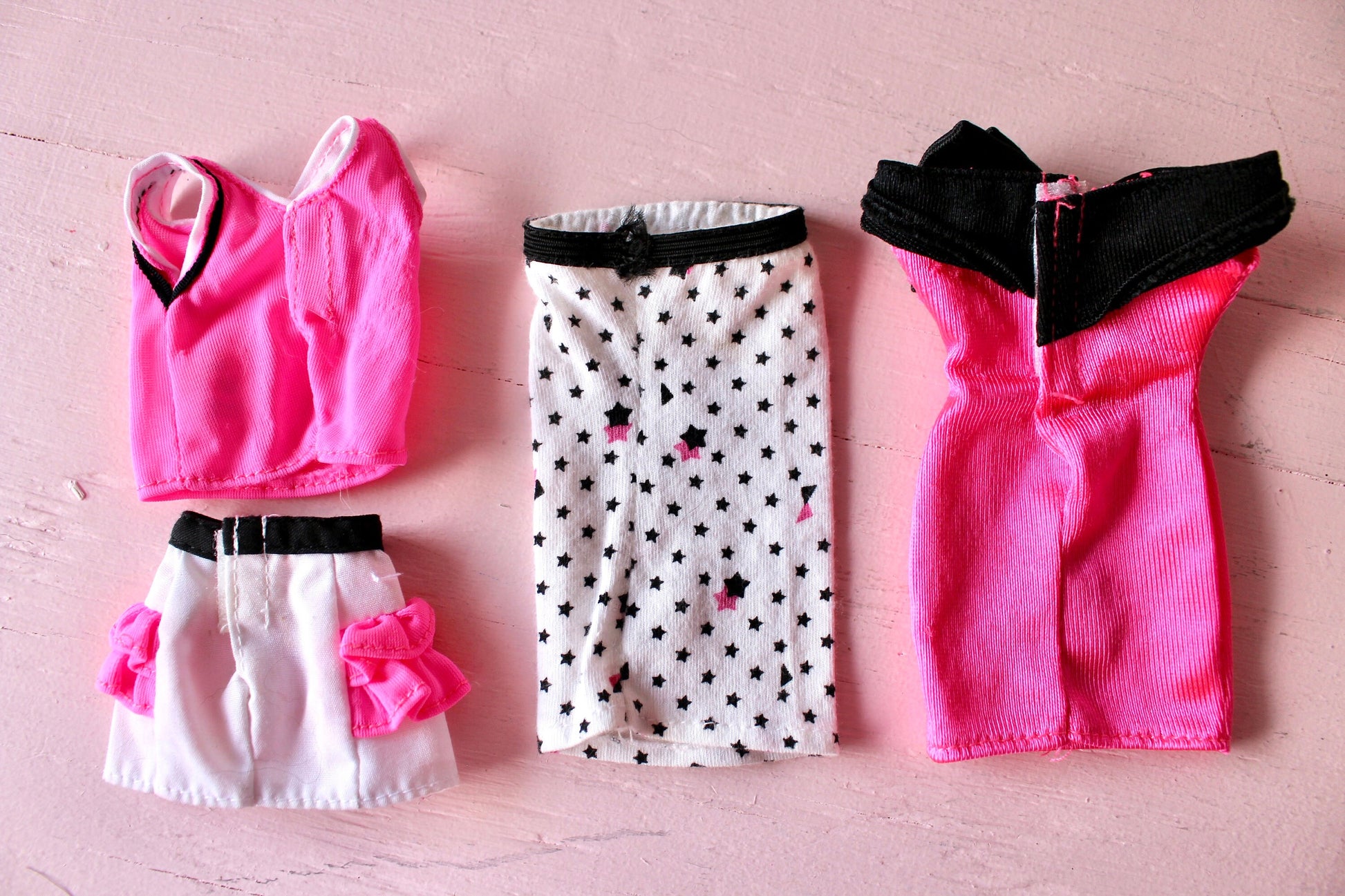 Barbie Doll Fashion and Accessories Set, Vintage 1980s Hot Pink White Black OOAK Barbie Fashions, Superstar Barbie Skirt Comb Purse Dress