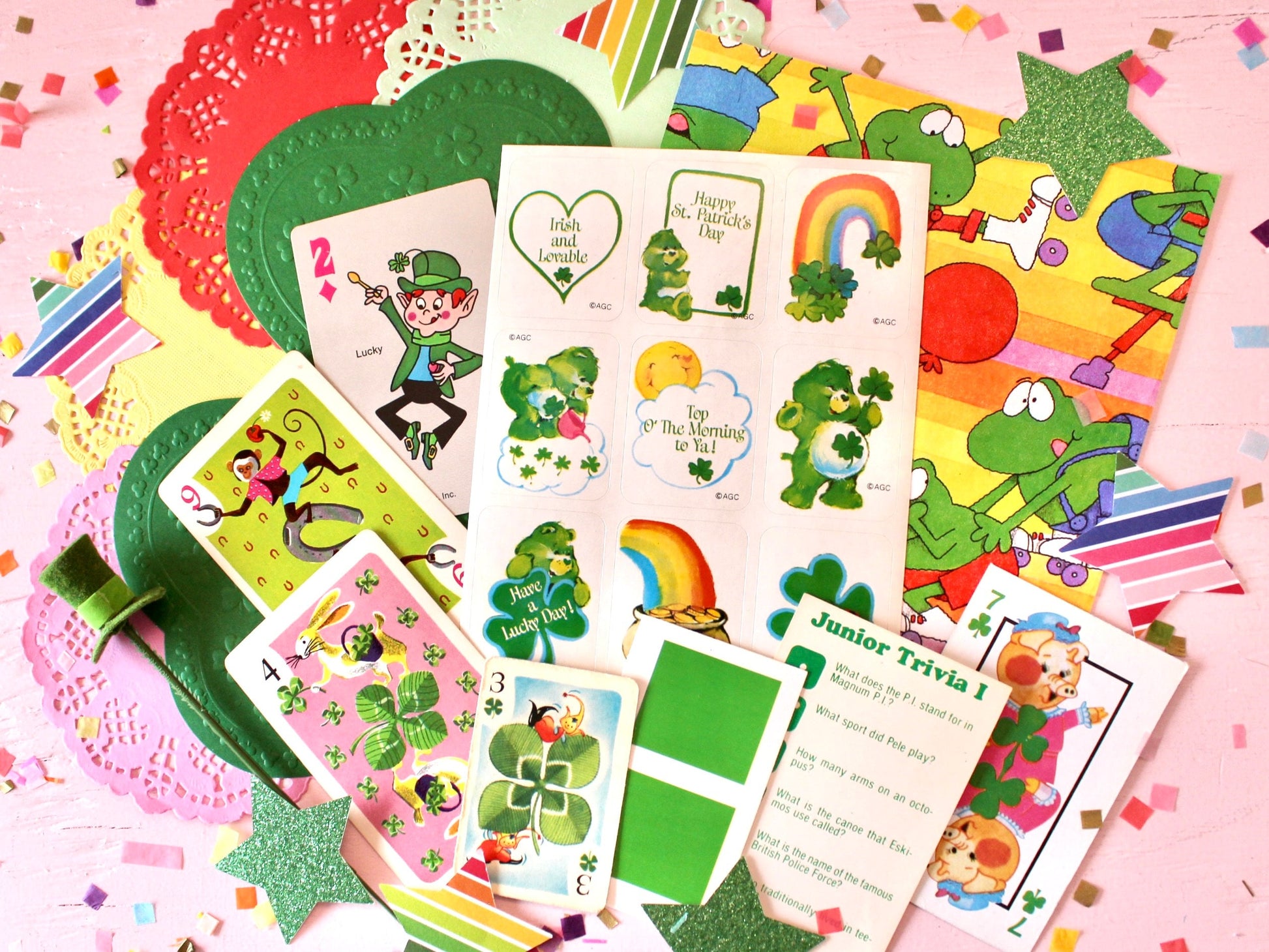 St Patricks Day Stationery Ephemera Pack, Vintage Good Luck Care Bear Stickers, Retro St Pattys Playing Cards, Green Junk Journal Supplies