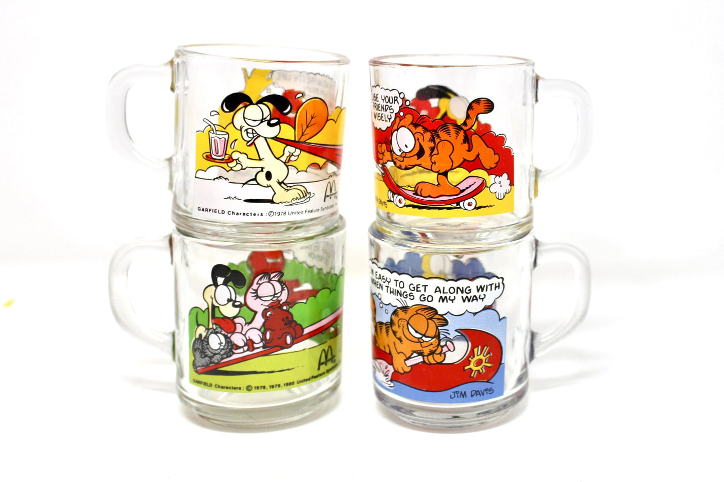 Vintage Garfield McDonalds Mugs, Complete Set of 4, Glass Garfield Cups, Garfield Coffee Lover Gift, Vintage McDonalds Happy Meal Toy