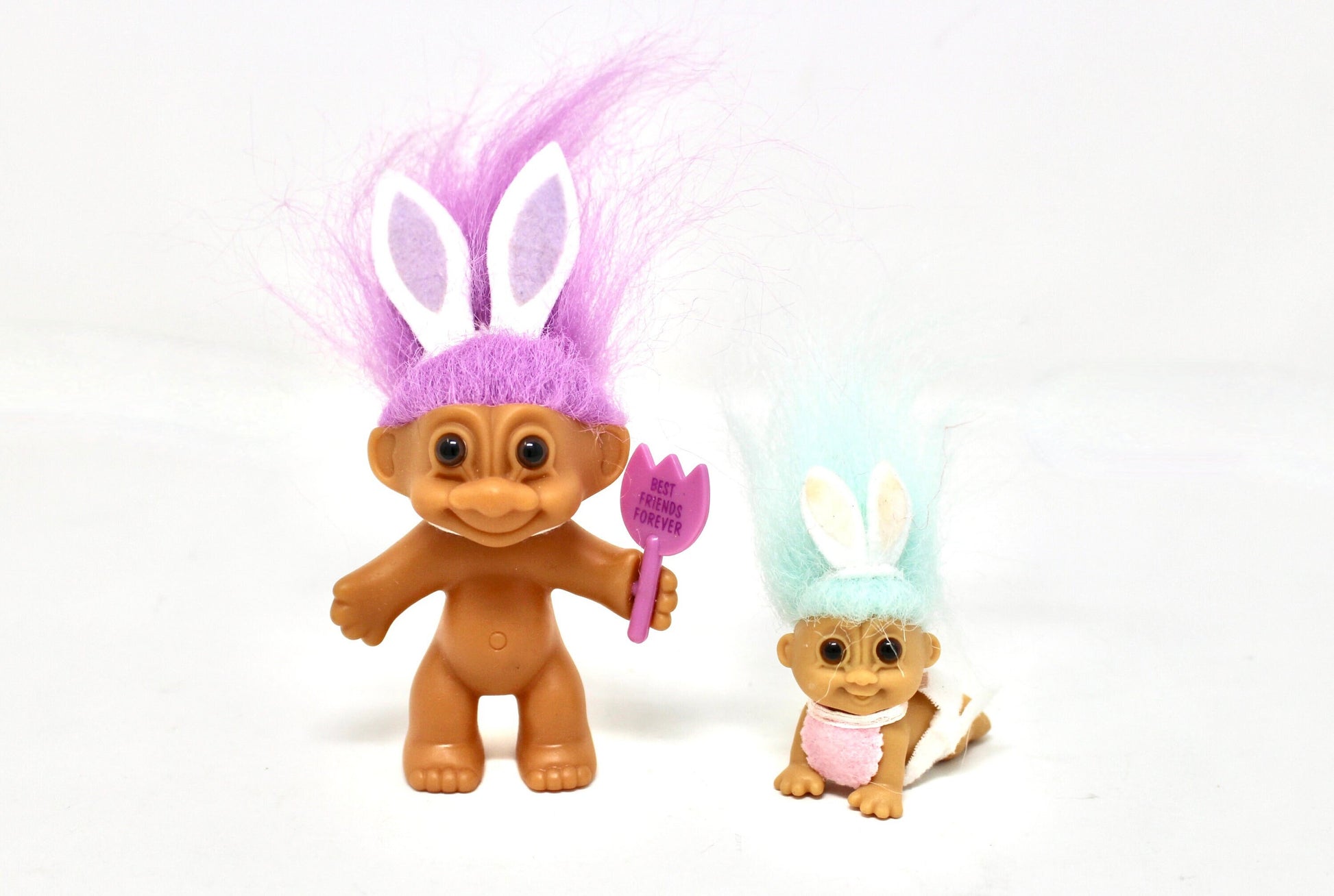 Vintage Easter Trolls, Set of 2, Kids Troll Easter Basket Stuffer, Easter Bunny Troll Doll, Troll Bunny Outfit, Purple Aqua Hair Troll